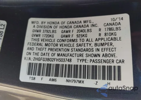 2015 Honda Civic Ex-L from USA, damaged, VIN 2HGFG3B02FH503748